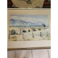 LOVELY LARGE FRAMED ORIGINAL LANDSCAPE WATERCOLOUR OF OUTENIQUA MOUNTAINS BY MYFANWY ADAMS