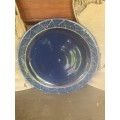 Vintage blue with geometric rim pottery charger 35cm