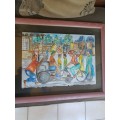 Original framed & signed mixed media artwork township scene by SA artist Lucas V Mahome dated `93