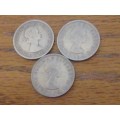 UK coins 1956,1964,1965 two shillings coins