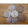UK coins 1948, 1954, 1957 1 shilling. 1990, 1991  5 pence. 1971 2 new pence. 1958 1/2p