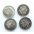 1949,1950,1952,1957 SOUTH AFRICA THREEPENCE 3D - BID PER COIN TO TAKE ALL 4