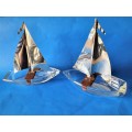 PAIR OF ARTDECO GLASS AND SILVER CHROME SAIL BOATS ASHTRAYS (MADE IN THE USA PATENT)