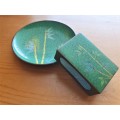 VINTAGE CHINESE CLOISONNE ON BRASS MATCHBOX MATCHES COVER AND ASHTRAY
