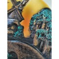 BEAUTIFUL LARGE BLACK AND GOLD CHALKWARE COUNTRY WINDMILL SCENE WALL PLAQUE