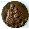 Vintage Art Solid Brass Wall Plaque of Mother and Child (signed by artist)
