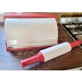 Retro Bright Red and White Roll Top Bread Bin and Dough/Pastry Roller