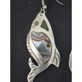 Mexico 925 MR Sterling Silver Dangle Abalone Inlay Earrings