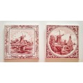 Pair of Red Holland Delft Porcelain Tiles