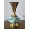 Vintage Delft Turquoise Aqua Lustre Glaze Brass Footed Vase