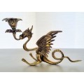 Antique Brass Dragon, Phoenix, Griffin, Winged Mythical Creature Candle Holder