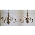 Pair of Brass Plated Ceiling 3 Arm Chandeliers