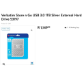 Verbatim Store `n` Go USB 3.0 Hard Drive 1TB Silver| Portable | External | 1000GB | Brand new