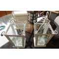 PAIR WHITE GLASS AND METAL HANGING CANDLE  HOLDERS