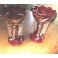 PAIR RUBY GLASS PEDESTAL CENTERPIECES WITH LUSTRES
