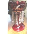 PAIR RUBY GLASS PEDESTAL CENTERPIECES WITH LUSTRES