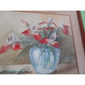 OLIVE CREWE STILL LIFE  RED FLOWERS IN VASE WATERCOLOUR
