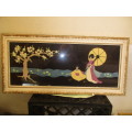 BEAUTIFUL FELT PICTURE OF TWO JAPANESE LADIES RECLINING NEAR A TREE