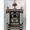 AN EXQUISITE MARBLE AND BRASS MANTLE CLOCK WITH PAINTED SHIP ON PENDULUM