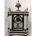 AN EXQUISITE MARBLE AND BRASS MANTLE CLOCK WITH PAINTED SHIP ON PENDULUM