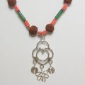 Handcrafted Coral, Quartz and Rudraksha Seeds beaded Necklace and Earrings (Root and Heart Chakras)