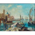 vintage oil painting of a harbour scene