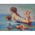 children on beach oil painting framed