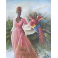 african princess with parrot oil painting