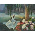 lady in garden oil painting