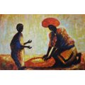 grinding maize oil painting