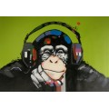 large oil painting - ape with headphones