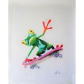 frog on skateboard oil painting