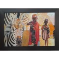 peter botha - zebra + maasai children oil painting