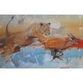 peter botha - lioness hunt oil painting
