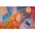 peter botha - hyena and maasai oil painting