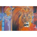 peter botha - lion and maasai oil painting