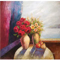 floral study with a view oil painting