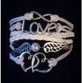 Love , Infinity , Angel wings faux leather multilayer charm bracelet