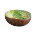 Handmade Mosaic Painted Coconut Bowl - Green , Gold and White