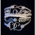 Love , Infinity , Angel Wings , Heart Vegan Leather & Wax String Multilayer Charm Bracelet - White
