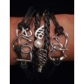 Love , Infinity , Angel Wings , Heart Vegan Leather & Wax String Multilayer Charm Bracelet - Black