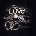 Love , Infinity , Angel Wings , Heart Vegan Leather & Wax String Multilayer Charm Bracelet - Black