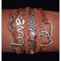 Love , Infinity , Angel Wings , Heart Vegan Leather & Wax String Multilayer Charm Bracelet - Tan