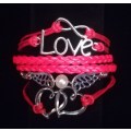 Love , Infinity , Angel Wings , Heart Vegan Leather & Wax String Multilayer Charm Bracelet - Red