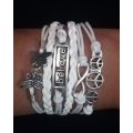 Peace , Infinity , Believe, Butterfly Vegan Leather & Wax String Multilayer Charm Bracelet - White