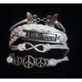 Peace , Infinity , Believe, Butterfly Vegan Leather & Wax String Multilayer Charm Bracelet - White
