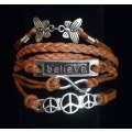 Peace , Infinity , Believe, Butterfly Vegan Leather & Wax String Multilayer Charm Bracelet - Tan