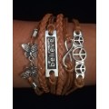 Peace , Infinity , Believe, Butterfly Vegan Leather & Wax String Multilayer Charm Bracelet - Tan