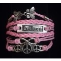 Peace , Infinity , Believe, Butterfly Vegan Leather & Wax String Multilayer Charm Bracelet - Pink