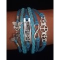Peace , Infinity , Believe, Butterfly Vegan Leather & Wax String Multilayer Charm Bracelet - Blue